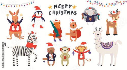 Big Christmas set with cute animals in Santa Claus hats, tree, gifts, ornamen...