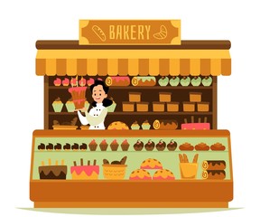 Wall Mural - Bakery shop - cartoon chef baker woman holding big cake standing behind counter