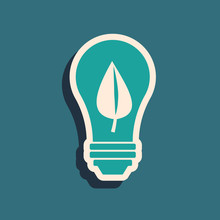 Green Light Bulb With Leaf Icon Isolated On Blue Background. Eco Energy Concept. Alternative Energy Concept. Long Shadow Style. Vector Illustration