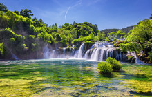 Beautiful Skradinski Buk Waterfall In Krka National Park, Dalmatia, Croatia, Europe. The Magical Waterfalls Of Krka National Park, Split. An Incredible Place To Visit Near Split, Croatia.