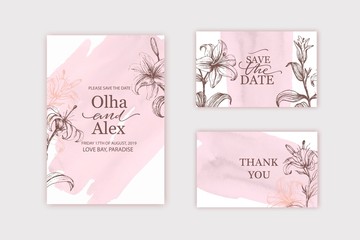 Wall Mural - Blush watercolor texture card. Floral, lilies wedding invitation design. Pale pink hand painted brush stroke. Wedding, thank you card, invitation template.