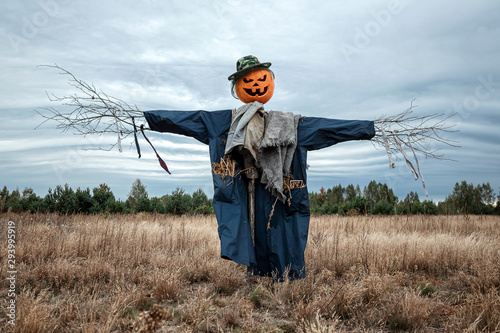 Fotografía A scary scarecrow with a halloween pumpkin head in a field in cloudy weather