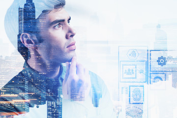 Poster - Thoughtful businessman in city, digital interface