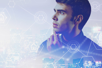 Poster - Thoughtful man in night city, digital interface
