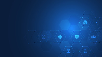 Aufkleber - Healthcare and technology concept with flat icons and symbols. Template design for health care business, innovation medicine, science background, medical research. Vector illustration.
