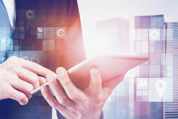 Poster - Man with tablet in smart city, digital interface