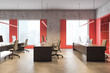 © ImageFlow - Side view of bright red loft office