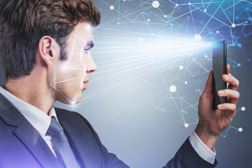Poster - Man with facial recognition phone, network