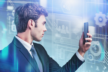 Poster - Man looking at smartphone, digital interface