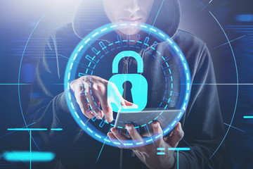 Poster - Hacker with tablet, cyber security HUD interface