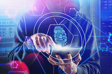 Poster - Hacker with tablet, authentication failure