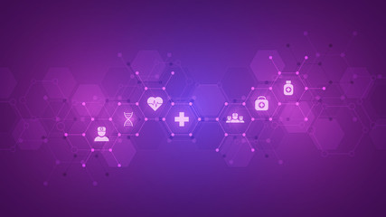 Healthcare and technology concept with flat icons and symbols. Template design for health care business, innovation medicine, science background, medical research. Vector illustration.