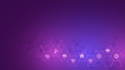 Poster - Technology background with flat icons and symbols. Concept and idea for internet of things, communication, network, innovation technology, system integration. Vector illustration.