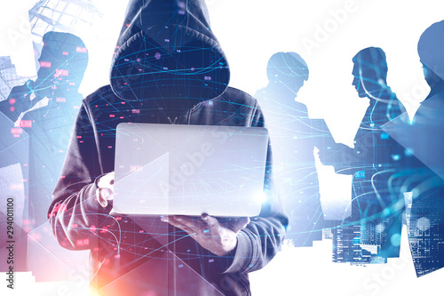 Fotomural Hacker in hoodie in city, business people