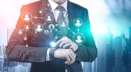 Poster - Businessman with smartwatch in city, HR interface