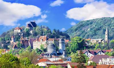 Wall Mural - Cityscape of Sighisoara, view of the historic buildings and citadel architecture in fall season, Romania