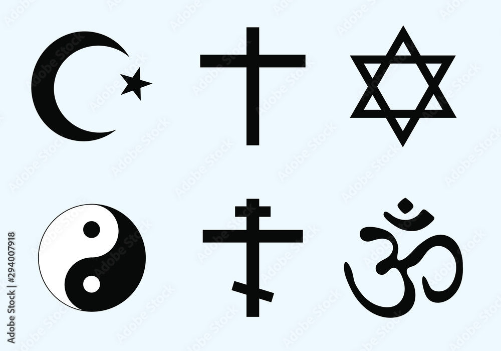 Set of world religion symbols. Vector icons of major religious groups -  Islam, Christianity, Judaism, Taoism, Hinduism. Cross, Crescent moon and  Star, Six pointed Star of David, Yin Yang and Om (Aum),
