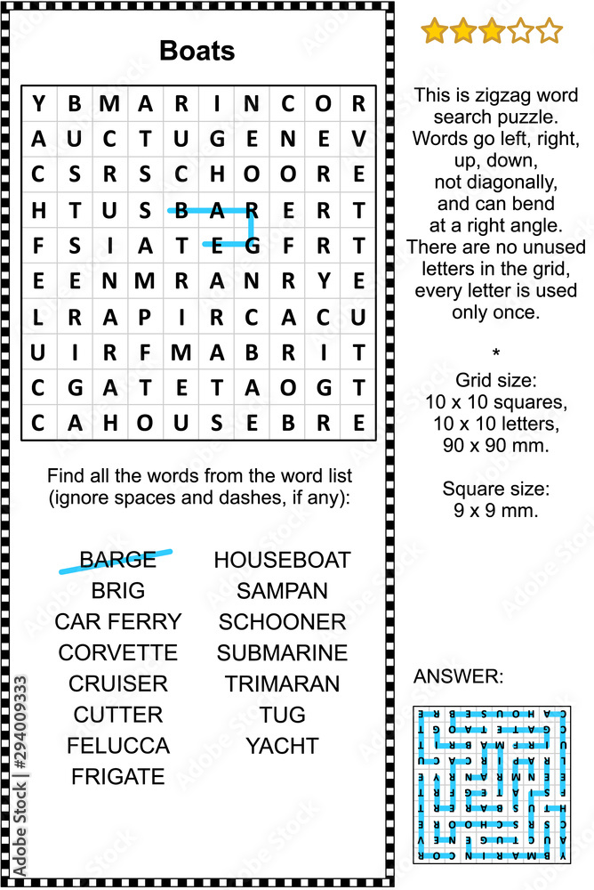 Boats and ships zigzag word search puzzle (suitable both for kids and ...