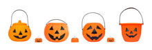 Halloween Pumpkin Bucket Set Isolated On White Background (clipping Path) For Kid Collecting Candy In Jack O'lantern Basket, Trick Or Treat On Halloween Day Holiday Party