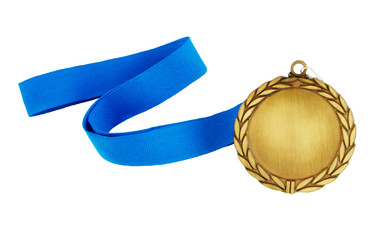 golden medal with blue ribbon isolated on white