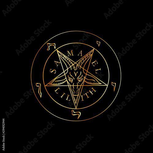 Fotografía Wiccan symbol golden Sigil of Baphomet- Satanic god occult symbol
