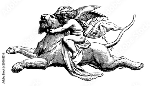 Cuadros en Lienzo Sculpture depicts a cupid on a panther, vintage engraving.