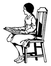 Blind Girl Reading Braille, Sitting,  Vintage Engraving.
