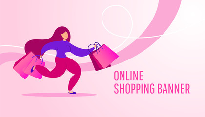 Online shopping banner with a young girl with shopping gifts packages runs on a pink background.