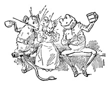 Mice & Frog Drinking From Cups, Vintage Illustration