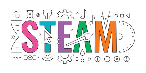 Wall Mural - technical drawing steam concept. steam word and steam symbols. science, technology, engineering, art, mathematic. steam word