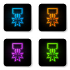 Sticker - Glowing neon Military reward medal icon isolated on white background. Army sign. Black square button. Vector Illustration