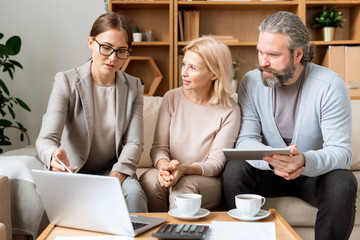 Poster - Confident real estate agent making presentation to mature couple at meeting