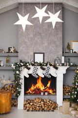 Christmas decorated interior with fireplace. Holiday decorations in a room. New Year mood