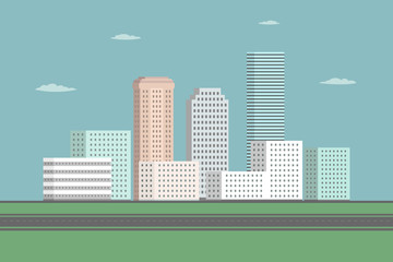 Sticker - Skyscrapers in downtown. City center. Cartoon style. Vector.