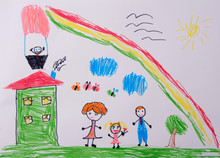 Mom Dad And I Have A Fun Family. Child's Drawing Of Happy Family Under The Rainbow. What A Children's Picture Can Tell.