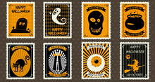 Happy Halloween Set Postage Stamps With Pumpkin, Ghost, Wampire, Zombie, Castle, Black Cat Grave