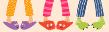 Children's Feet In Funny Slippers. Children In Pajamas Spend The Night With Friends. Pajama Party. Vector Editable Illustration