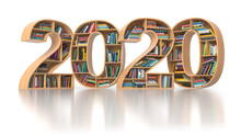 2020 New Year Education Concept. Bookshelvs With Books In The Form Of Text 2020.