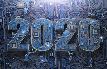 Poster - 2020 on circuit board or motherboard with cpu. Computer technology and internet commucations digital concept background. Happy new 2020 year.