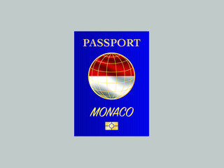 Monaco National flag with International Passport with biometric digital data chip, realistic blue cover, vector illustration for icon, logo, brand, travel agency