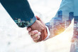 Welcome. double exposure of business man partner handshake with during sunrise and cityscape background, digital communication technology, investment, negotiation, partnership and teamwork concept