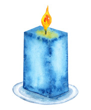 Burning Blue Candle Watercolor Isolated Drawing