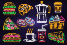 Retro Neon Burger, Cola, Croissant, Coffee And Fast Food Sign On Brick Wall Background. Design For Cafe, Restaurant . Neon Design For Pub Or Fast Food Business. Light Sign Banner. Glass Tube
