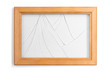 Wooden frame with broken glass on a white background