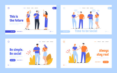  Smm Social Media Networking and People Communication Website Landing Page Set. Male and Female Characters Talking and Chatting Using Mobile Phones Web Page Banner. Cartoon Flat Vector Illustration