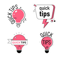 Quick Tips, Helpful Tricks Banners Set Isolated On White Background. Icons Of Solution. Pink Light Bulbs And Speech Bubble With Text. Cartoon Flat Vector Illustration In Line Art Style, Clip Art