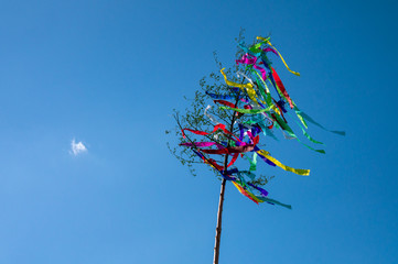may tree, traditional hungarian austrian german folklore decoration in may with blue sky