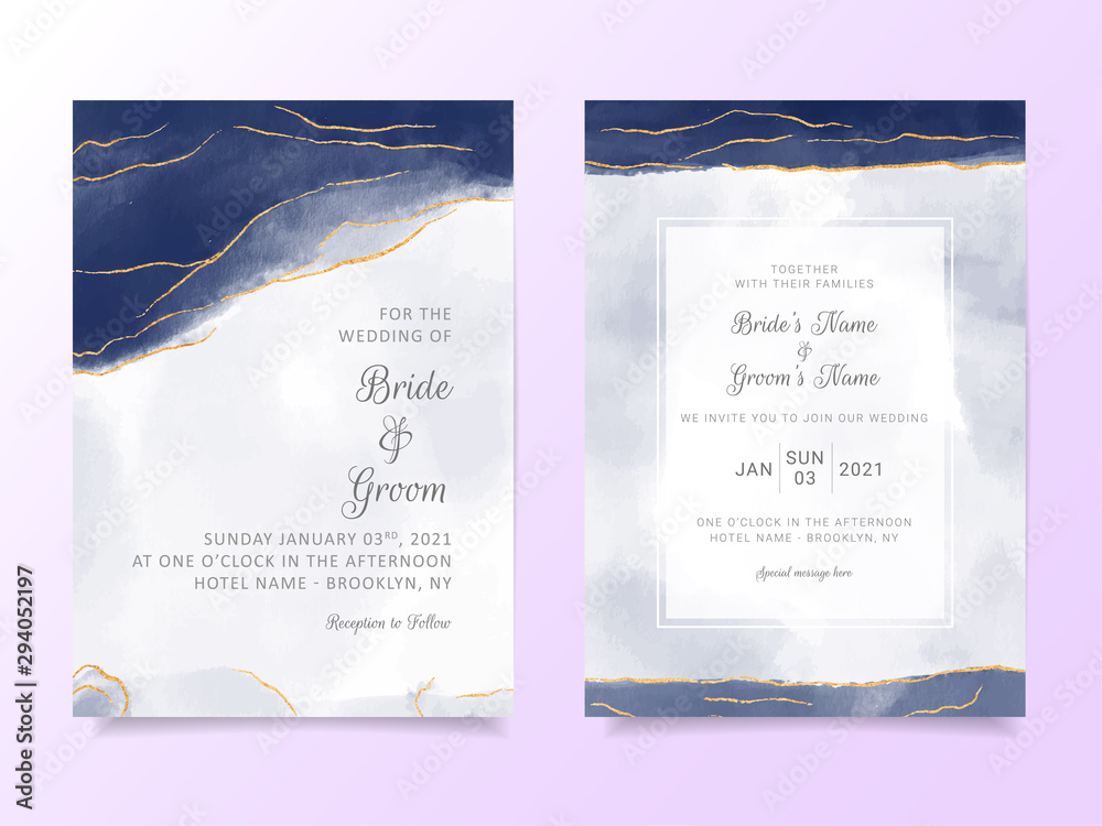 Navy blue watercolor wedding invitation card template. Abstract ...