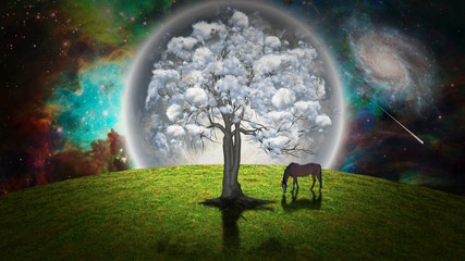 Wall Mural - Surrealism. Oasis of life. Horse grazes near clouds tree. Full moon at the horizon