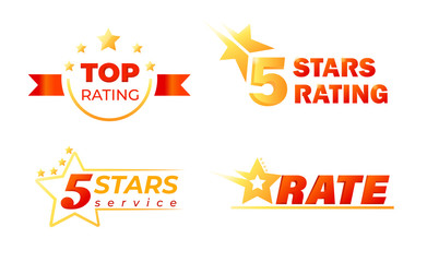 5 Stars Top Rating Banners Set Isolated on White Background. Customers Feedback Rate for Hotel Hospitality and Restaurant Services. Honor Symbol for Competition Winner Cartoon Flat Vector Illustration